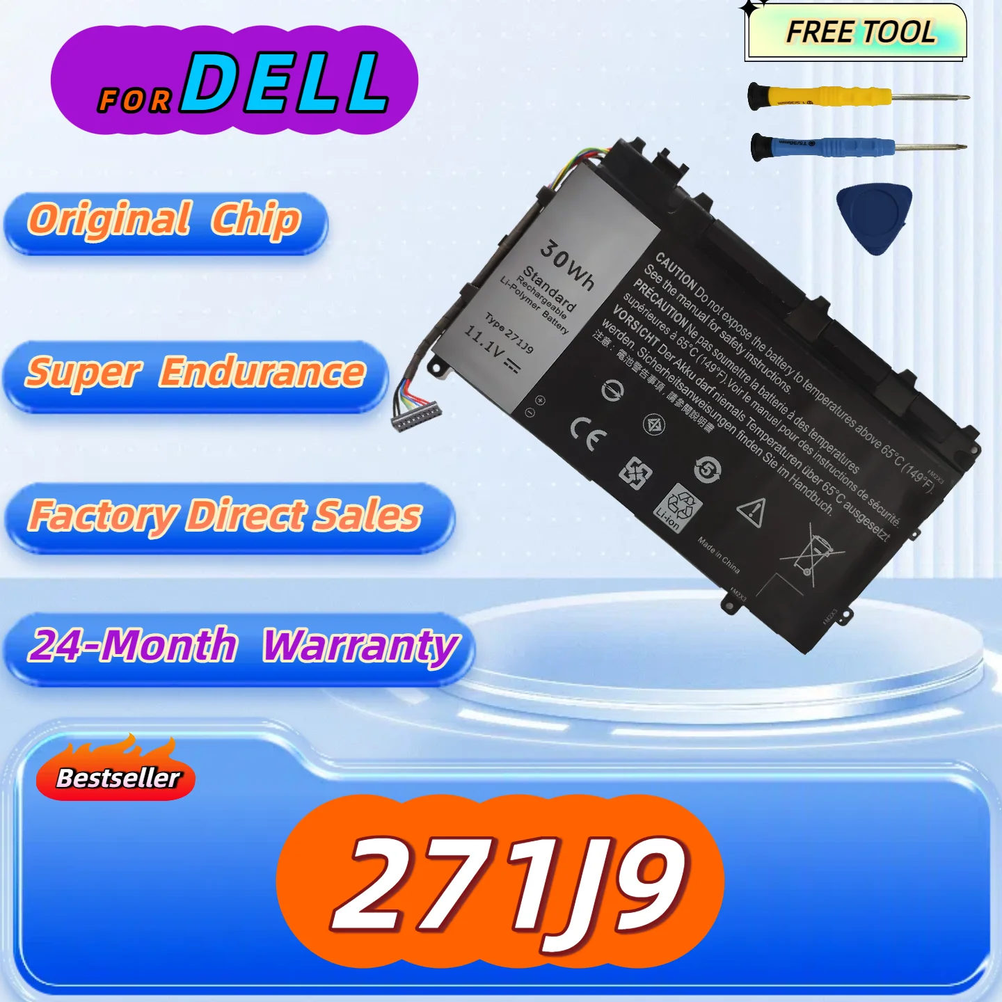 

271J9 Laptop Battery For DELL Latitude 13 7000 7350 Series GWV47 0GWV47 YX81V Free Tool + 24M Warranty