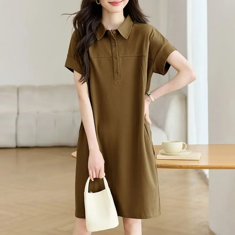 ฤดูร้อนสไตล์ใหม่ชุดลําลองปก,กระโปรงทรงเอคลุมท้องของผู้หญิง,การเดินทางขนาดบวกหลวมความยาวกลางกระโปรงเสื้อยืด