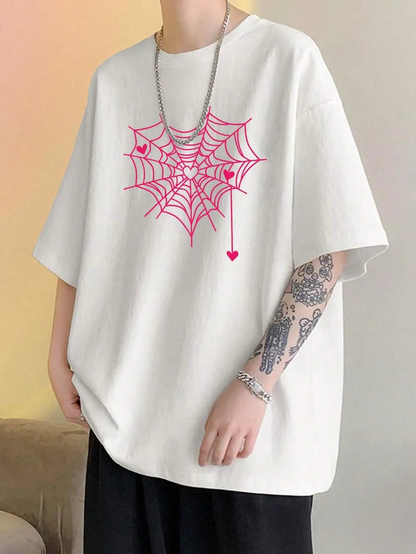 Pink Love Spider Web Funny Graphic Printing Tshirts Men Fashion Cotton T Shirts Summer Breathable Clothes Oversize Street Tee