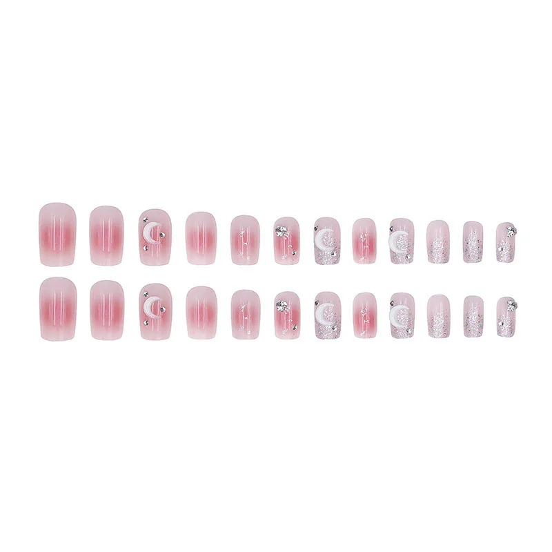 Faux ongles roses en biscuits scintillants pour femmes, fard à joues, presse de vacances, colle 3D, lune, esthétique, N64.pour femmes, 24 pièces