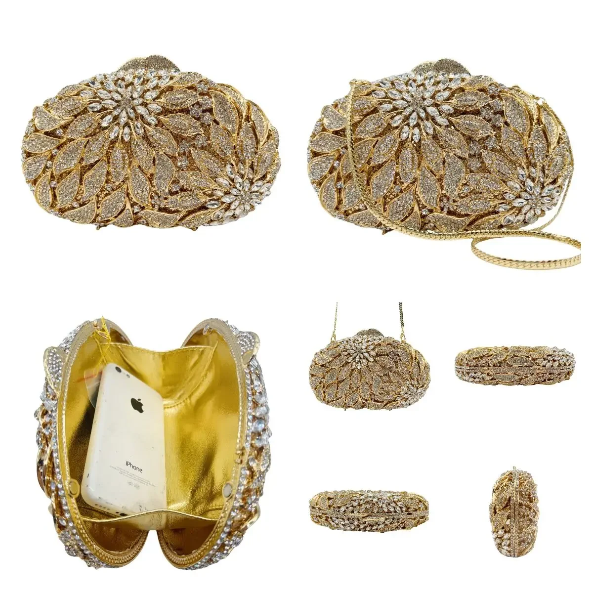 Fashion Clutch Bag Leaf Flower Inlaid Crystal Dinner Bag Foreign Trade Banquet Holding Women's Hollow Metal Hard Box Party Bag