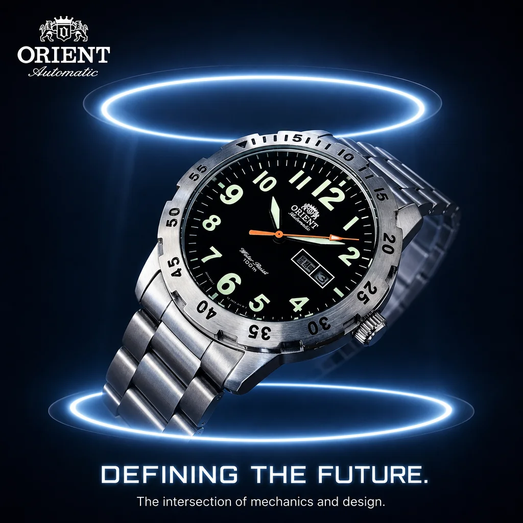 Orient Men Automatic Mechanical Watch 100M Waterproof Dual Day-Date Calendar Luminous Hands Stainless Steel Sports Wristwatch
