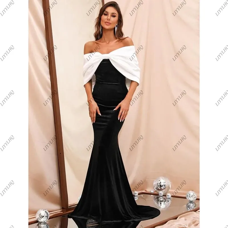 LIYYLHQ White and Black Prom Dresses For Elegant Women Mermaid Off the Shoulder Chapel Train Formal Evening Dresses Gala Gowns