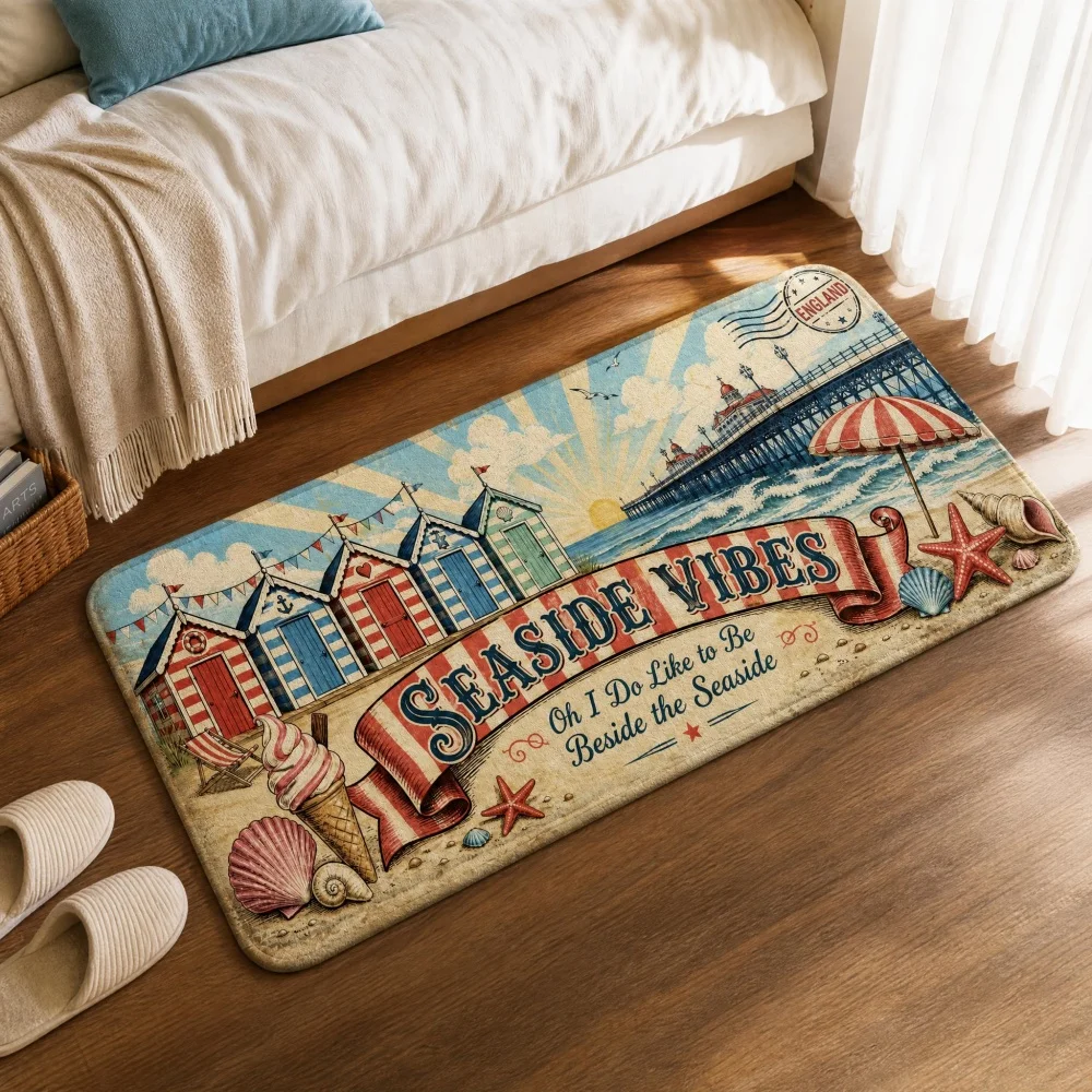 Tapete de Flanela com Estampa Retrô de Praia, Tapete Antiderrapante com Estampa de Cabana de Praia Vintage para Quarto, Lado da Cama e Decoração de Casa Costeira