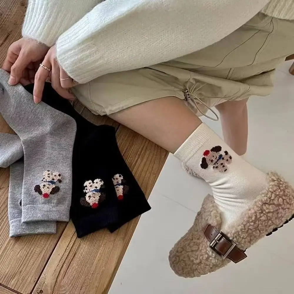 Fashion Cartoon Dog Mid-Calf Sock Embroidery Cute Tube Socks Women Stripe Ins Style Cotton Short Socks Women's