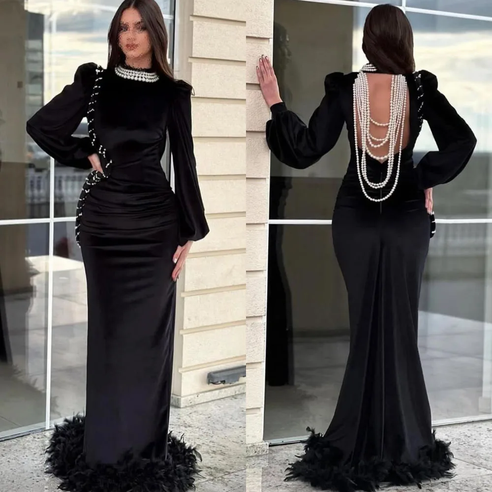 

Индивидуальные высококачественные длинные рукава с открытой спиной, расшитые бисером, черные, длиной до пола, с высоким воротником и высоким воротником فساتين نسائيه Frauôt