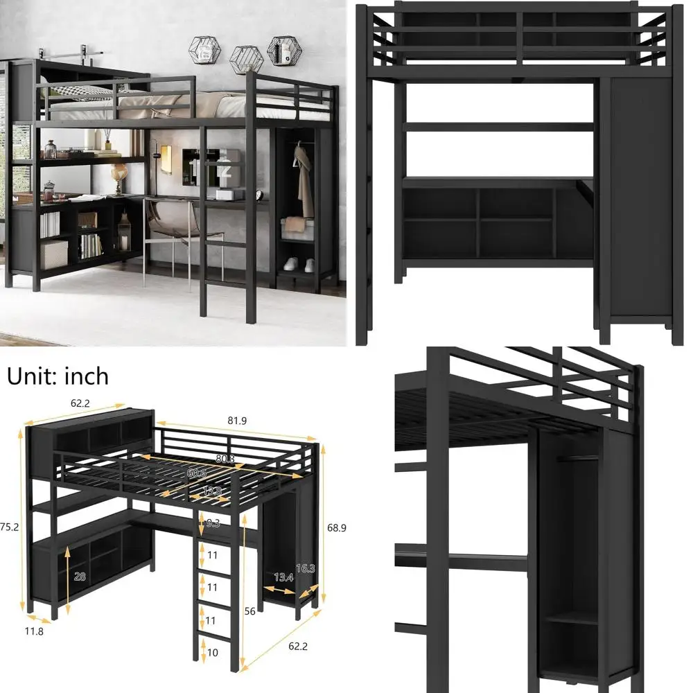 

Black Metal Queen-Size Loft Bed with L-Shaped Desk, Wardrobe, and Storage Solutions for Kids to Adults