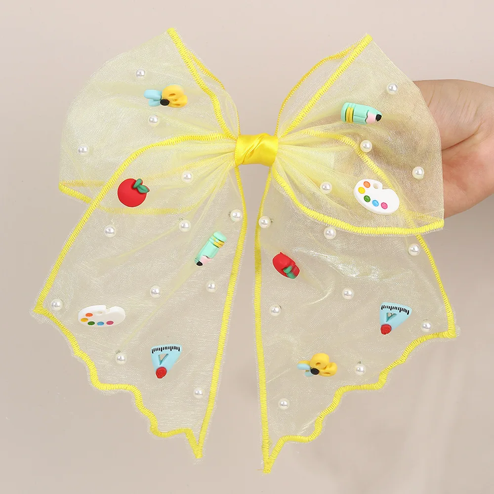 20pc Pearl Beaded Bow Hair Clips for Girls with Pencil & Crayon Charms Long Tassel Hairpins - Back to School Hair Accessories