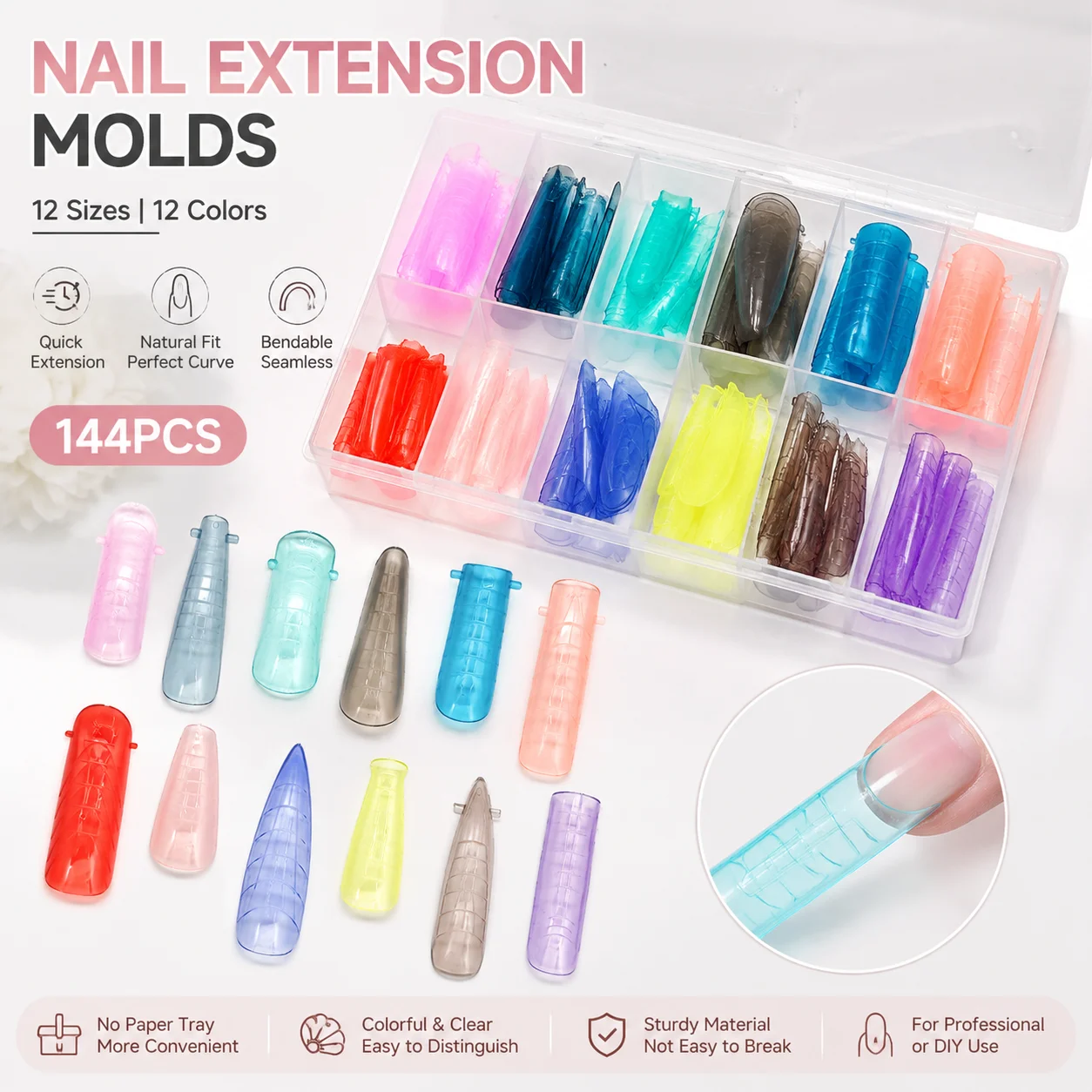 Nail Extension Form - 144個入り アクリル製ネイルフォーム ポリジェルエクステンション用 デュアルフォーム 再利用可能 マニキュアアクセサリーツール