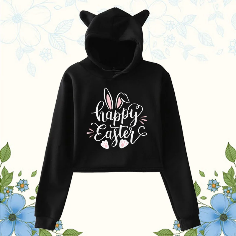 Easter Printed Cropped Hoodie Women Girls Fashion Kawaii Cat Ear Pullover Casual Hooded Sweatshirt