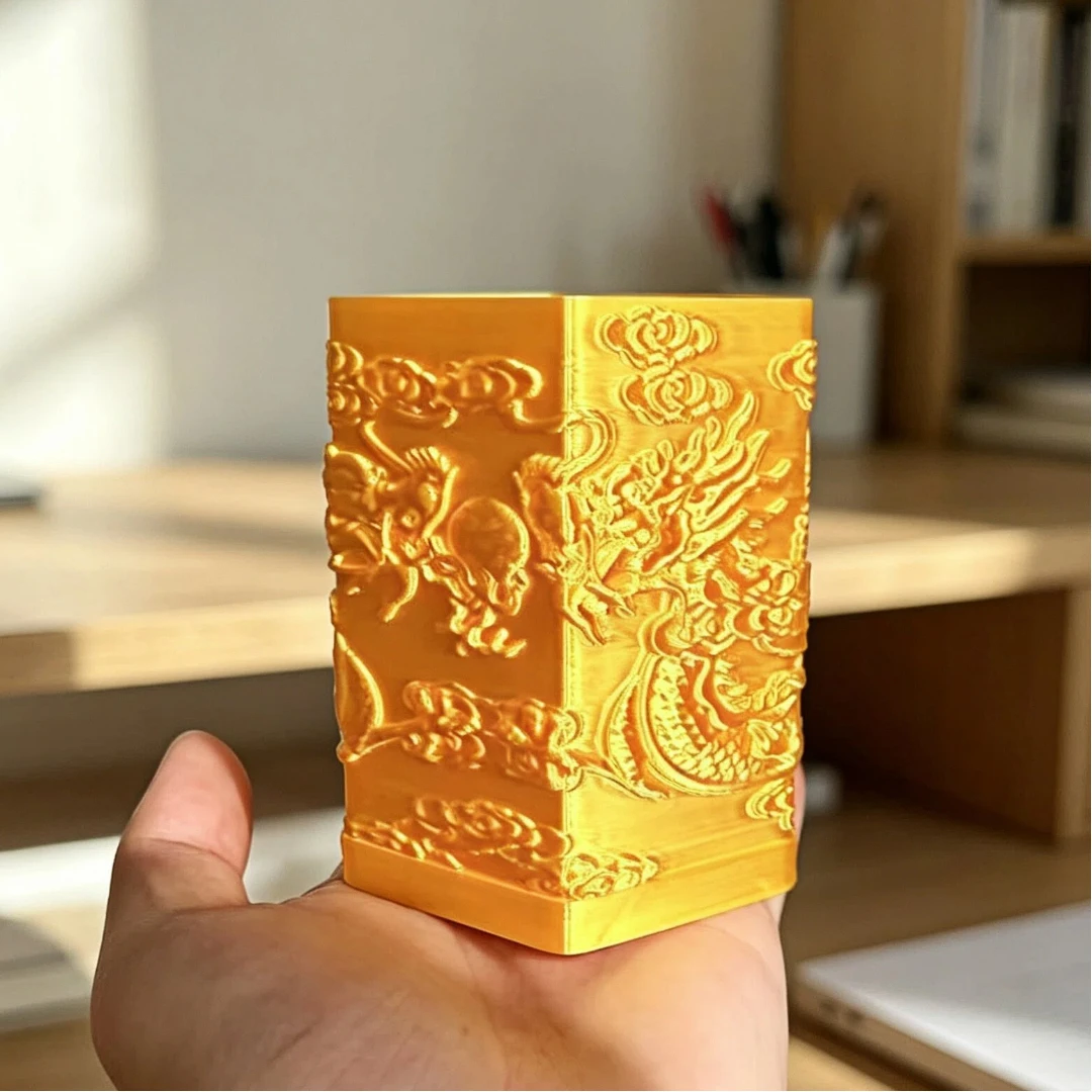 Hexagonal Dragon Relief Pencil Cup Chinese Style Cloud Pattern Desk Organizer Vintage Carved Office Study Pen Holder