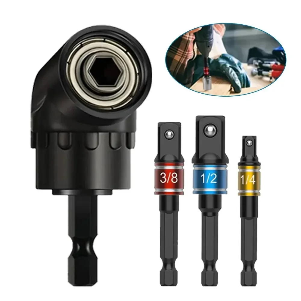 

Black 105 ° Turning Screwdriver Joint Electric Drill Corner Socket Screwdriver Head 3PC Hexagonal Conversion Extension Tool Set