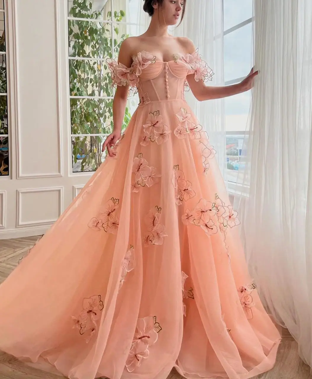 Juliet Peach-Vestido largo de graduación con hombros descubiertos para adolescentes, corsé Floral de encaje 3d, vestido de fiesta de regreso a casa de tul para ocasiones especiales