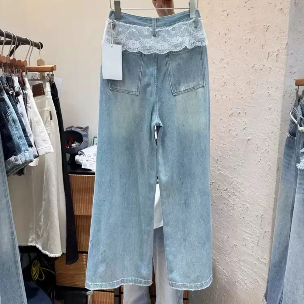Dames kanten patchwork jeans lente zomer Koreaans ontworpen nep twee stukken hoge taille wijde pijpen rechte enkellange denim broek