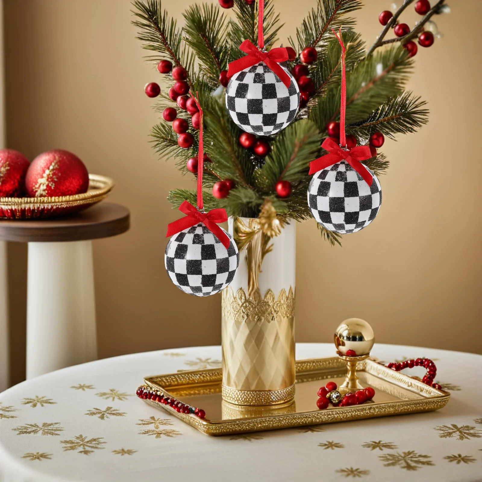 

12pcs Christmas Tree Baubles Checkered Glitter Ornaments Vintage White Red Ribbon Balls Electroplated Handpainted Hanging