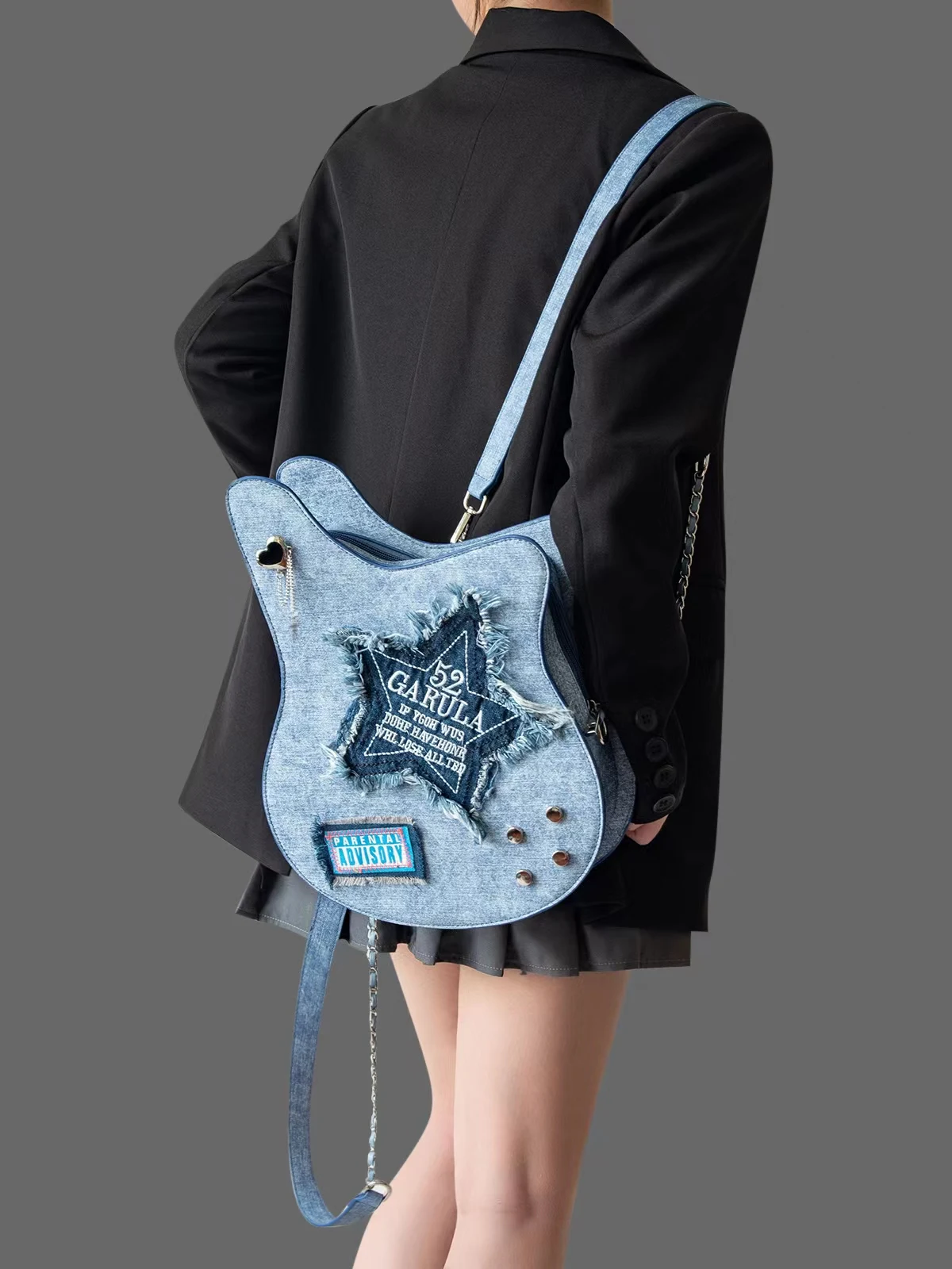 HIATUS original design denim guitar backpack casual creative five-pointed star tassel letter bass crossbody bag