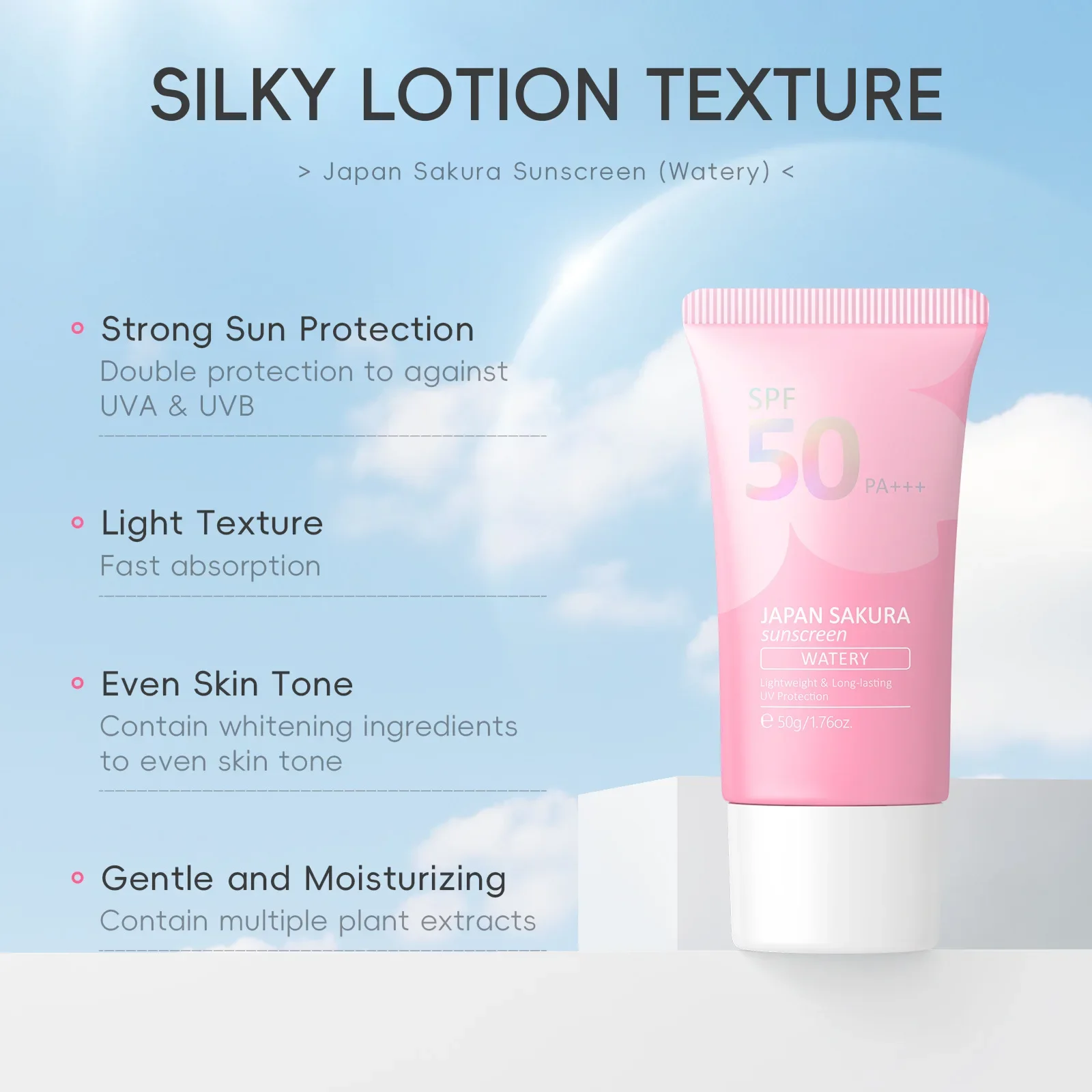 Lightweight Makeup Base Sakura Sunscreen Cream SPF 50 Primer UV Protection Long Lasting Moisturizing 50g