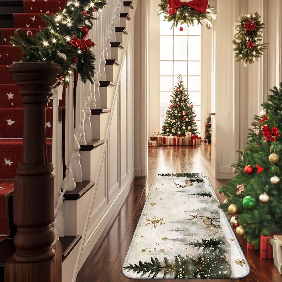 VIKAMA Set Christmas Kitchen Floor Mats Non Slip Washable Misty Forest Deer Snow Scene Runner Rug for Family Xmas Holiday Decor view 3