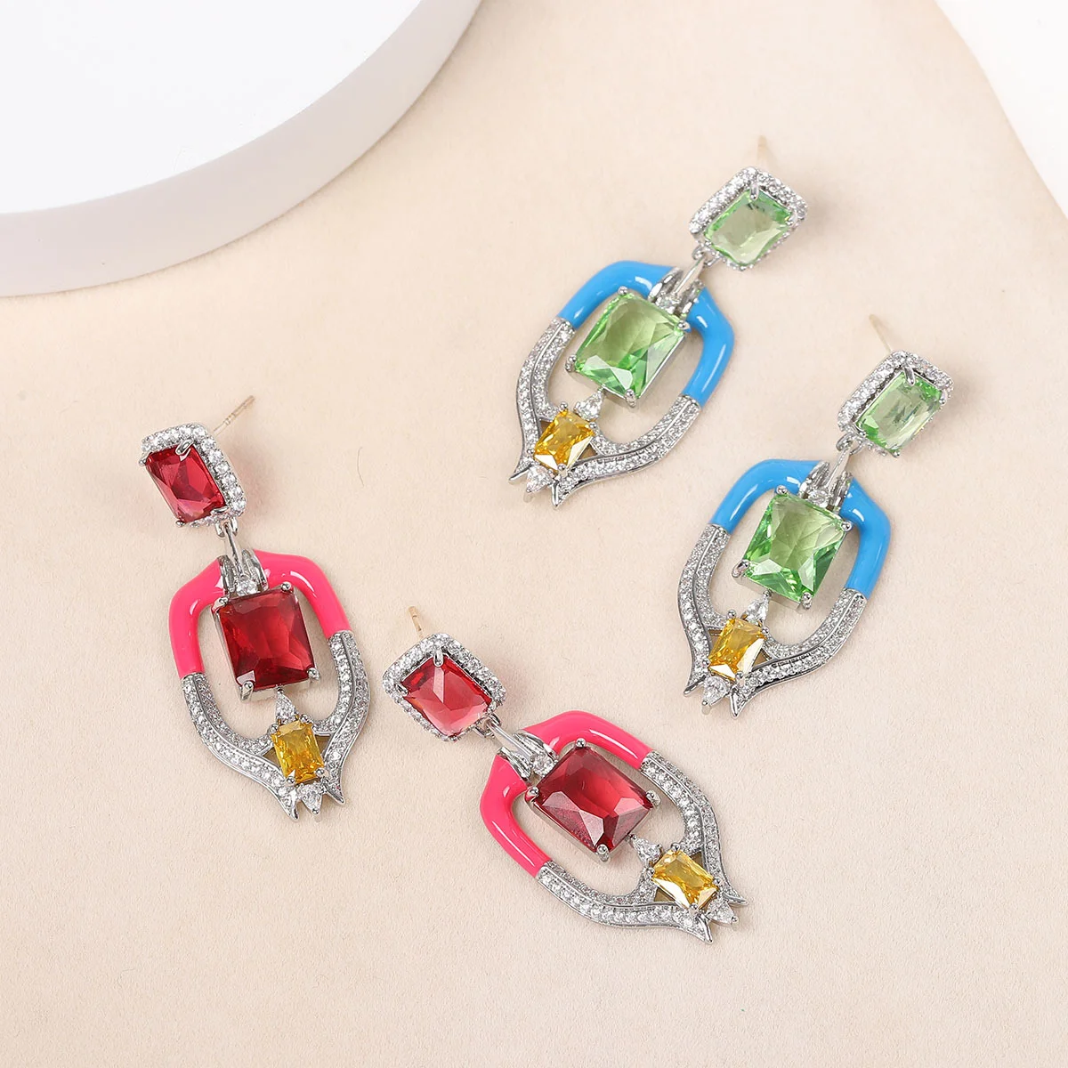

Luxury Colorful Enamel Gemstone Drop Earrings for Women, Silver Plated Multicolor Zircon Dangle Earrings, Party Jewelry