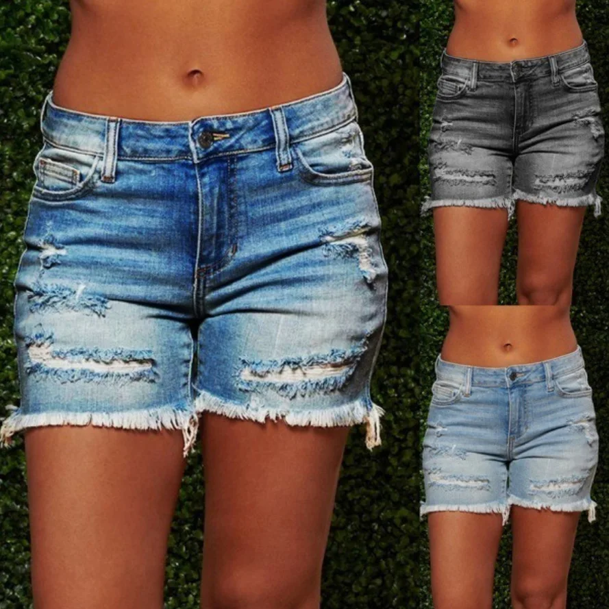 

New Women Fashion Denim Shorts Ripped Raw Hem Retro Jeans Shorts Summer Short Pants Streetwear