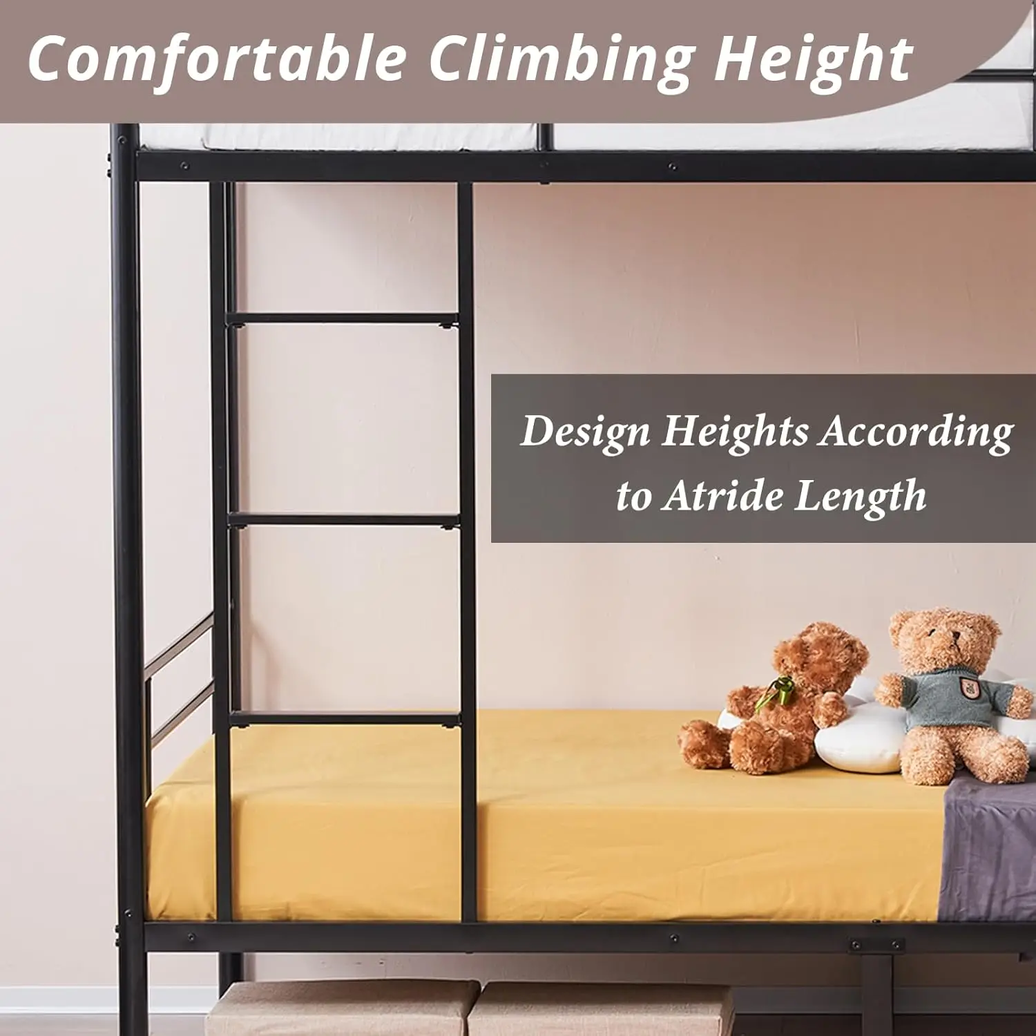 سرير مزدوج معدني أسود مع سلم ودرابزين