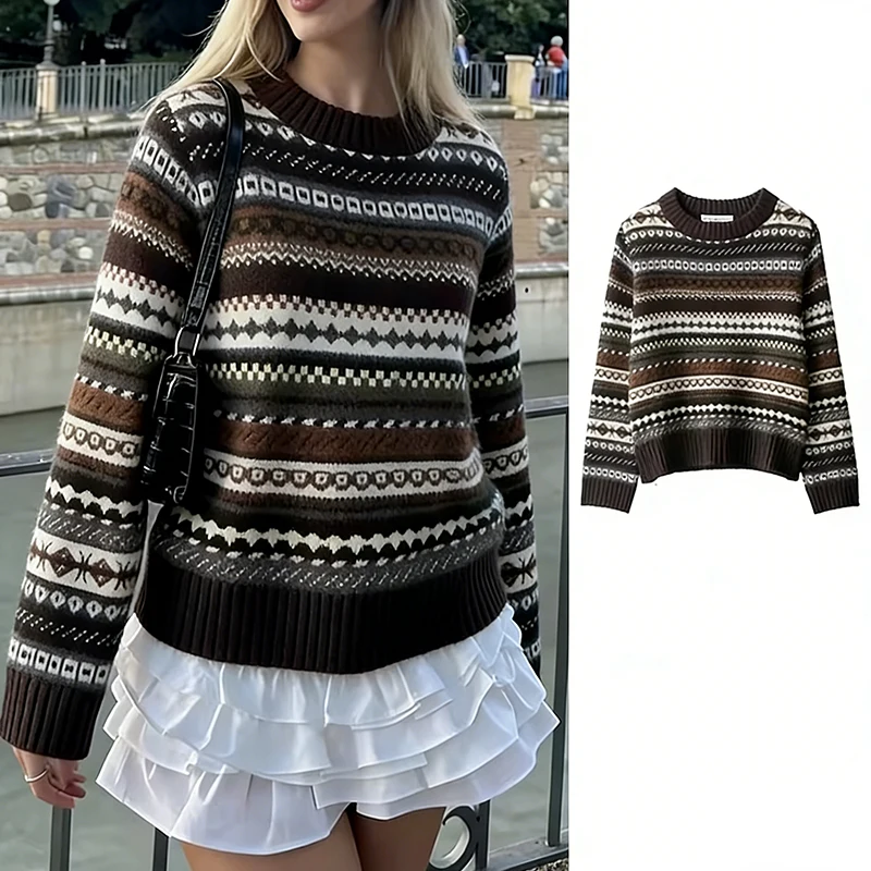 

Женский осенне-зимний ретро женский кашемировый жаккардовый вязаный свитер с круглым вырезом, элегантный женский универсальный пуловер с длинными рукавами, джемперы