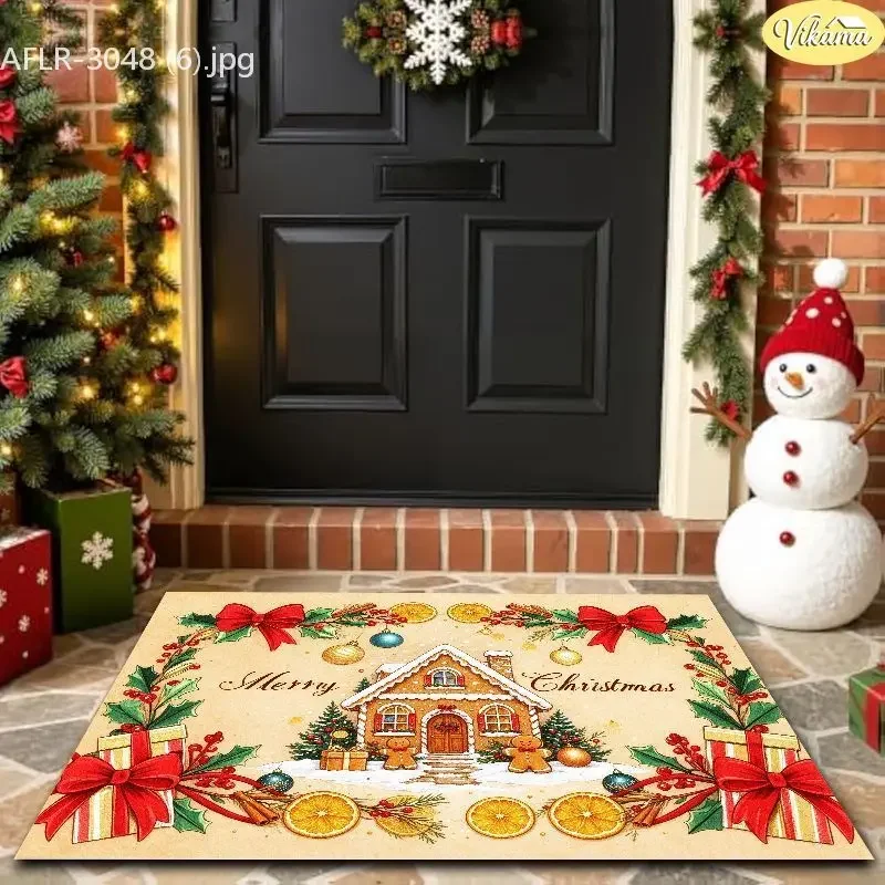 VIKAMA Gingerbread House Red Bow Entryway Rug Non Slip Low Profile Mats for Outside Front Door Xmas Winter Decor Washable