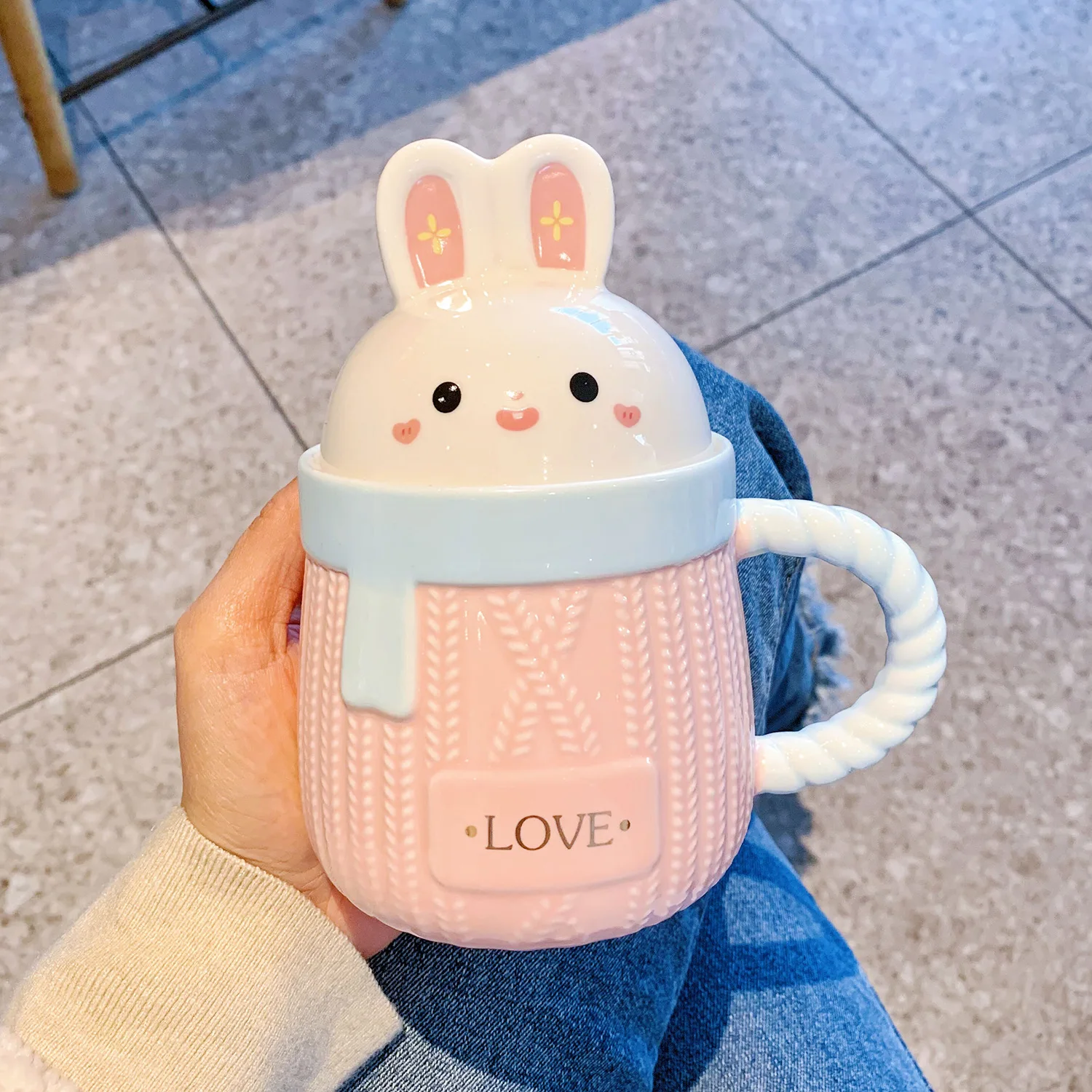 Cute Personalized Gift: Ins Style Rabbit Ceramic Mug with Lid and Spoon for Milk Breakfast Gift