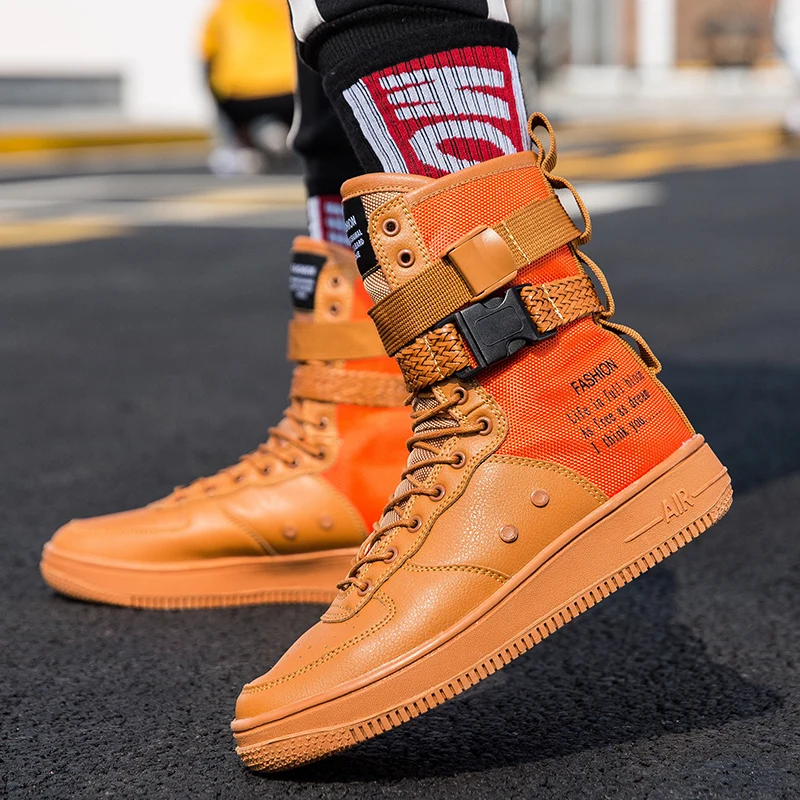 Punk Style Orange High Boots Couple Streetwear Buckle Strap Designers Shoes Men Casual Shoes Trend Platform Men High Top Sneaker