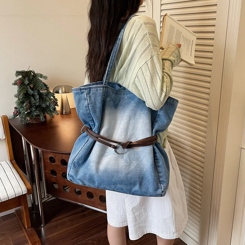 Canvas Tote Bag Denim Gradient Washed Bag Korean Ins Style Large Capacity Commuter Shoulder Bag