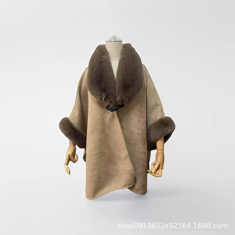 Big Fur Collar Cape Scarf Shawl Hooded Woolen Coat Tassel Top Autumn and Winter New Warm