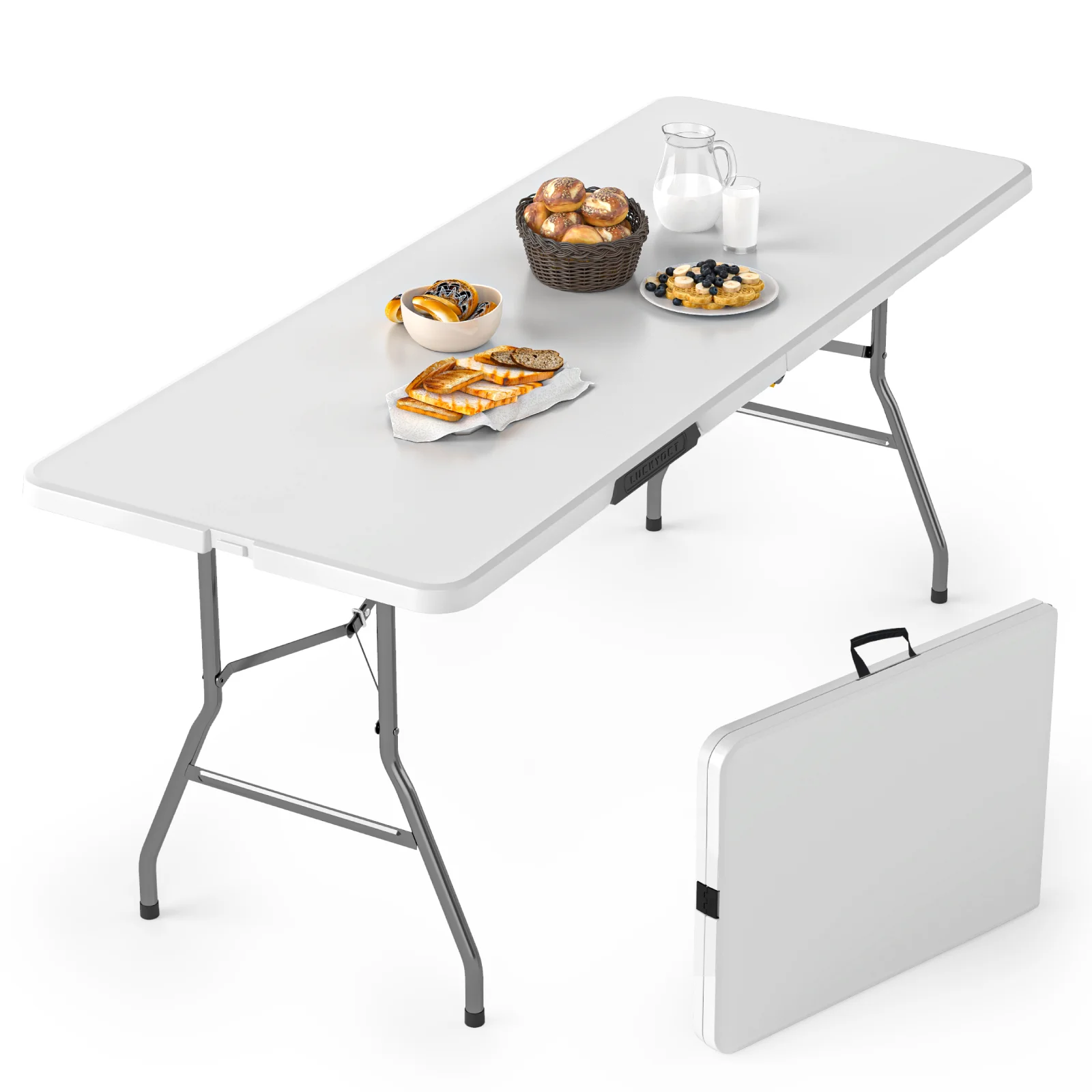 6FT Folding Table, Heavy-Duty Plastic Foldable Table with Carry Handle & Locking Legs, For Camping, Party, Picnic,White/Black