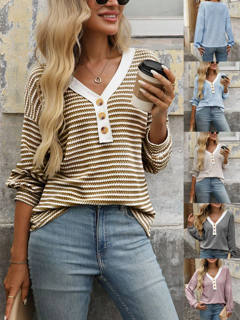 Loose Casual Long Sleeve V-Neck Button-Over T-Shirt Women's Cross-Border Clothing Polyester Fabric Stripe Color Block