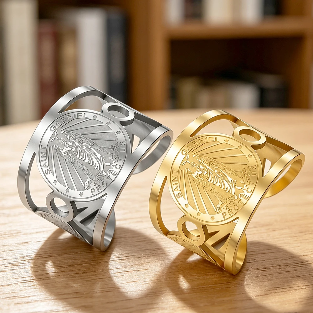 Archangel Gabriel Adjustable Ring for Men Women Patron Saint Catholic Solomon Protection Amulet Stainless Steel Rings