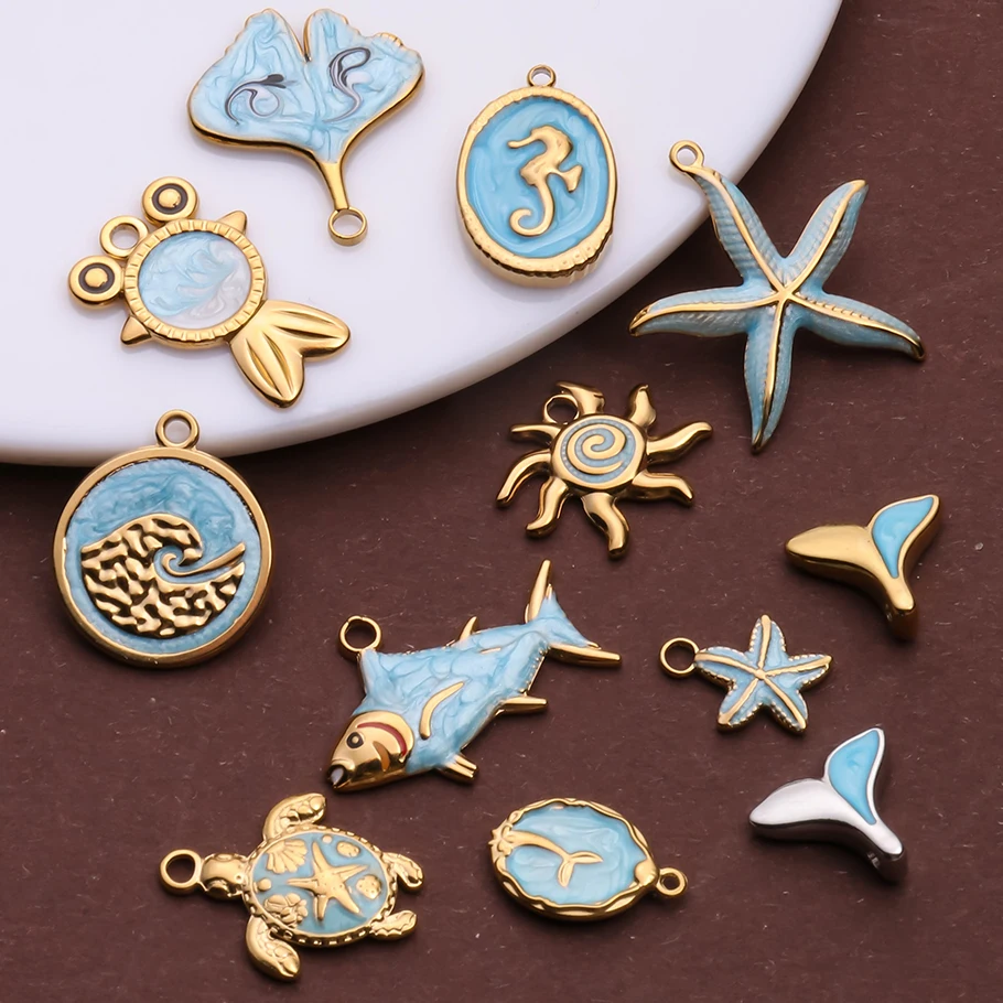 5pcs/lot Enamel Blue Marine Animals Stainless Steel Pendant Conch Shell Seahorse Fish Tail Starfish Charms DIY Necklace Findings