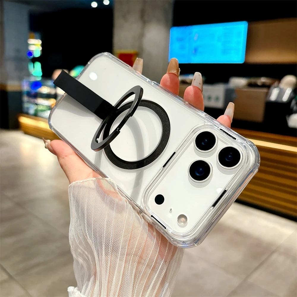 

Simple Transparent TPU Soft Magsafe Phone Case for iPhone 17 16 15 14 Plus 13 Pro Max with Kick-stand and Loop Shockproof Cover