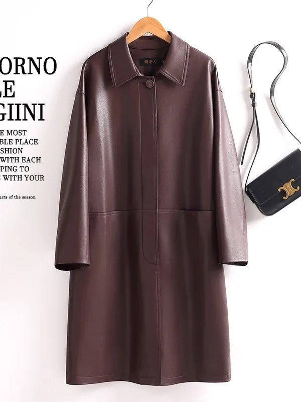 Women's Mid-Length Leather Coat eepskin Loose Fit Casual Sle Autumn New Arrival Faion Outerwear Long Sve  Collar