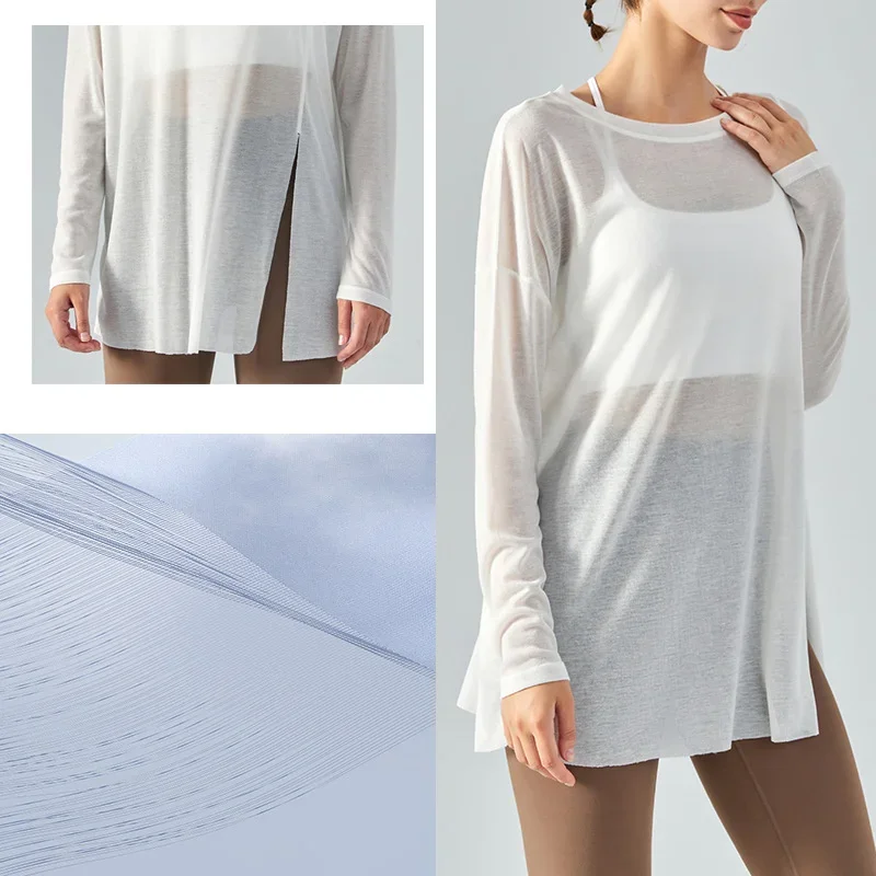 PofyBofy Side Split Yoga Cover Up Yoga Athletic Soft Shirt Mesh Sheer Yoga Loose Long Sleeve Pilates Long Sleeve T Shirt Casual