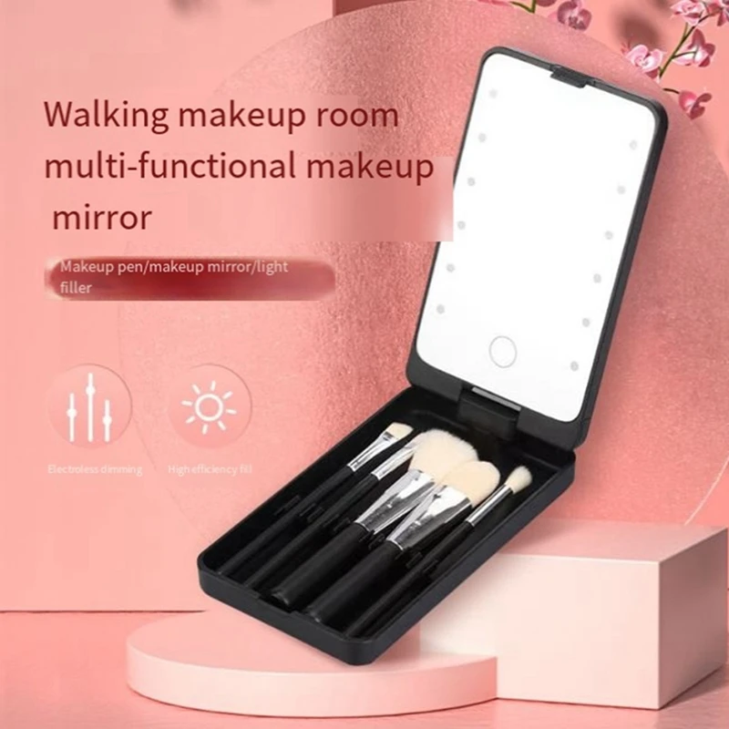 Miroir de maquillage portable avec 5 pinceaux, boîte de rangement, LED, tactile, visage unique