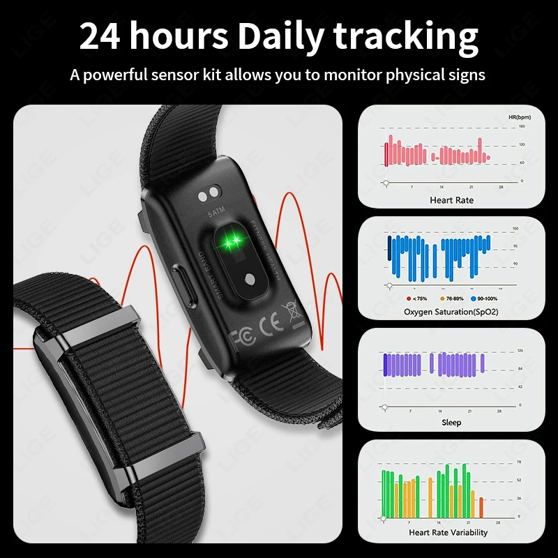 LIGE لا شاشة اللياقة البدنية سوار ذكي الرجال النساء الرياضة الفرقة ساعة مراقب معدل ضربات القلب 1ATM مقاوم للماء متعددة الوظائف معصمه