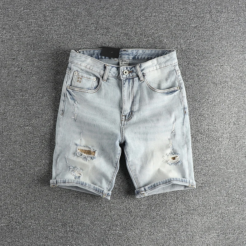 

Heavyweight Vintage Light Blue Scraped Ripped Denim Shorts for Men Slim Fit Stylish American Summer Half Jeans Pants 24ss Y2k