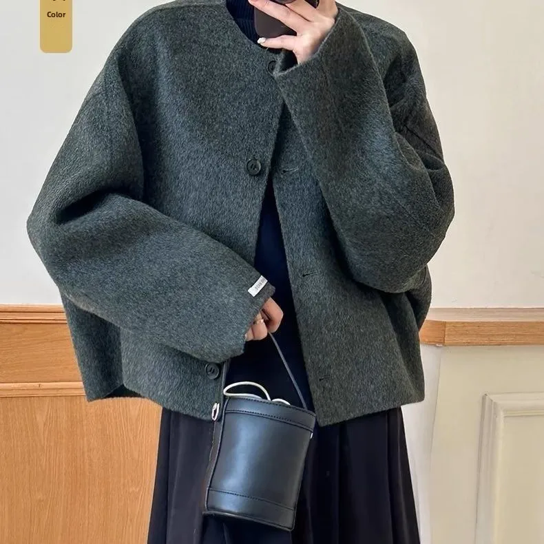 Elegant Short Double-Faced Woolen Coat Loose Long-Sleeve Round-Neck Top for Women Fashionable Slimming Autumn Winter Outerwear