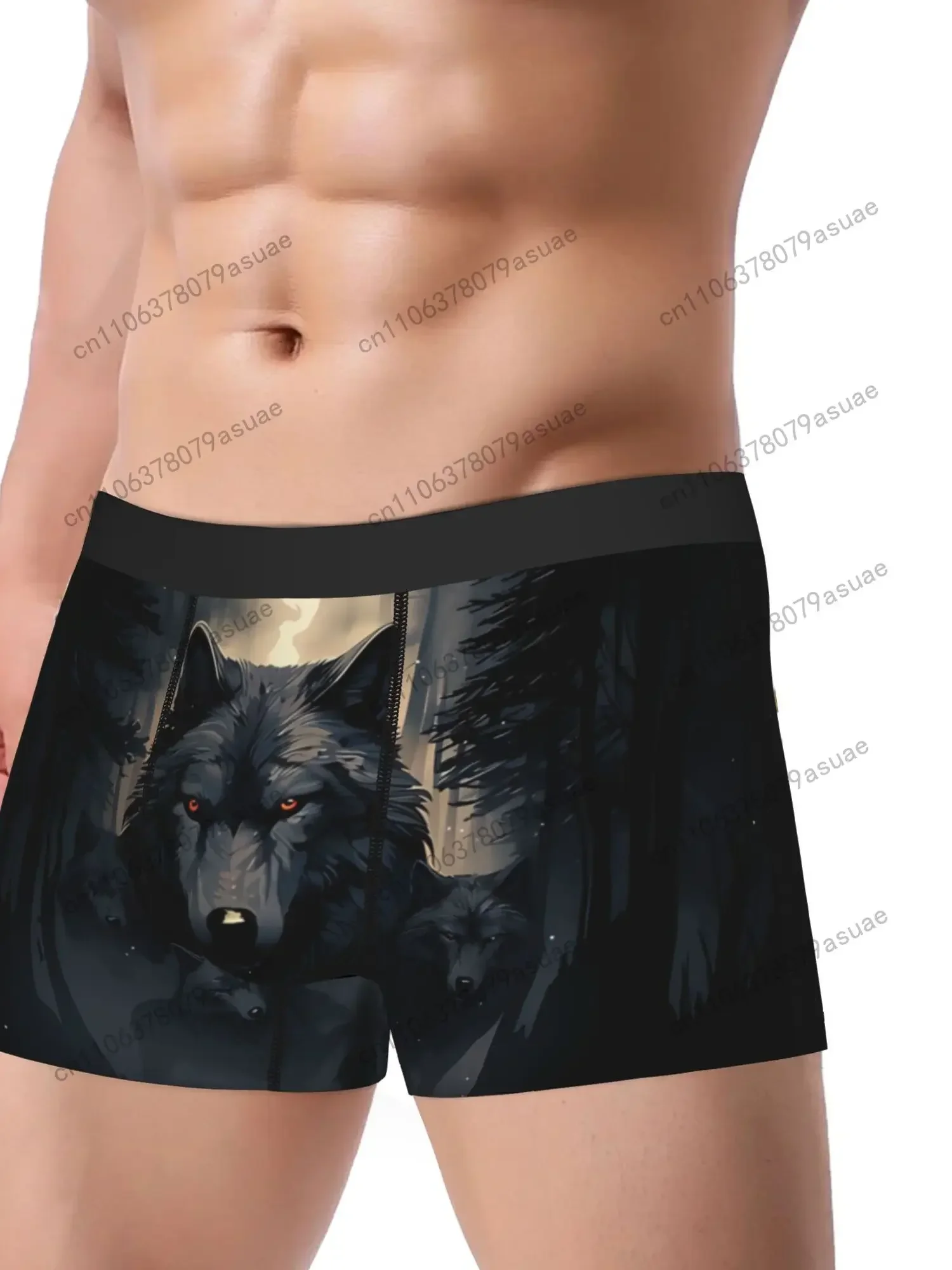 Men'S Wild Wolf Graphic Boxer Briefs - Black with Red White Wolf Design Stretch Fabric Comfort Fit for Casual Wear Black