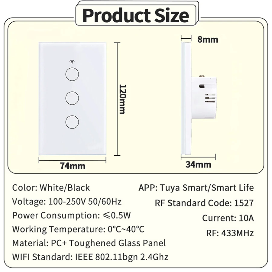 Tuya WiFi Smart Switch US Standard Touch Switch 433Mhz Wireless Remote Voice Control Alexa Google Home No Neutral Wire Required