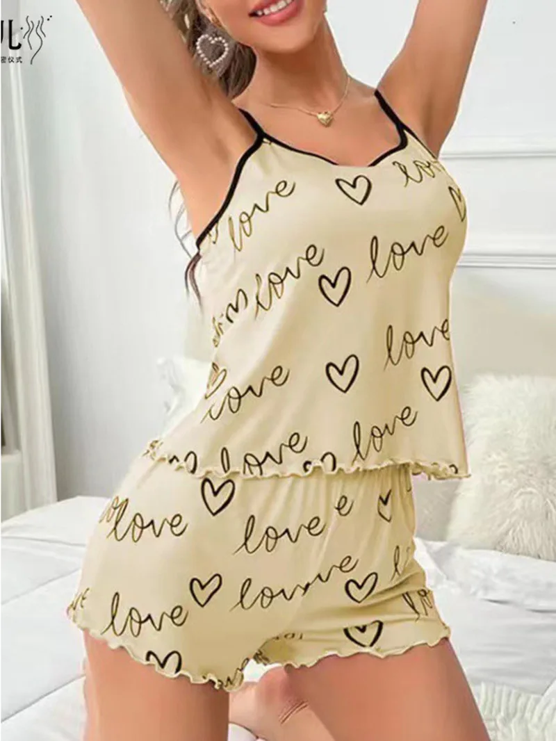 

Love Letter 2024 Women's Two Piece Set Sexy Strap Shorts Home Furnishings Leisure Comfortable French Style Sweet Women's W91D