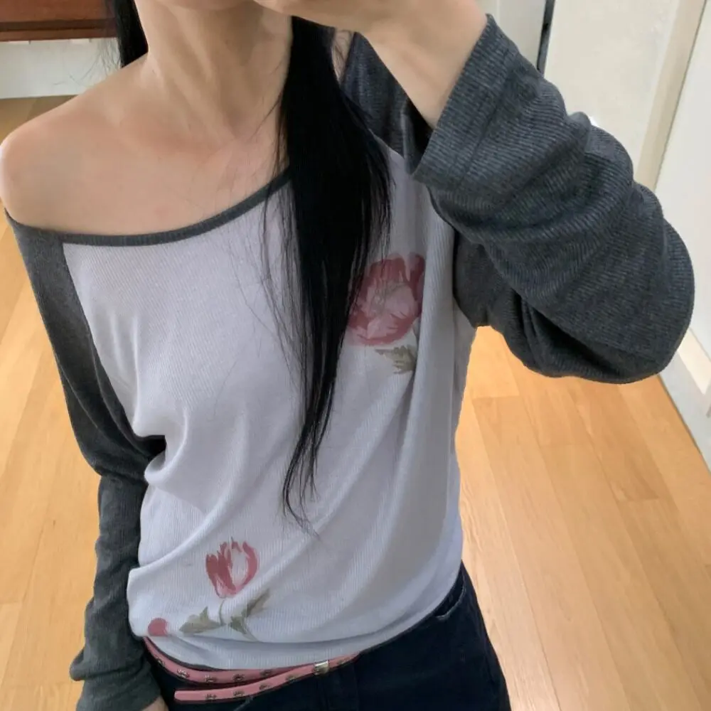 Casual Style Long Sleeve One Shoulder Splice Color Block Floral T-Shirt Women's Base Layer Top Loose Feeling Autumn Wear