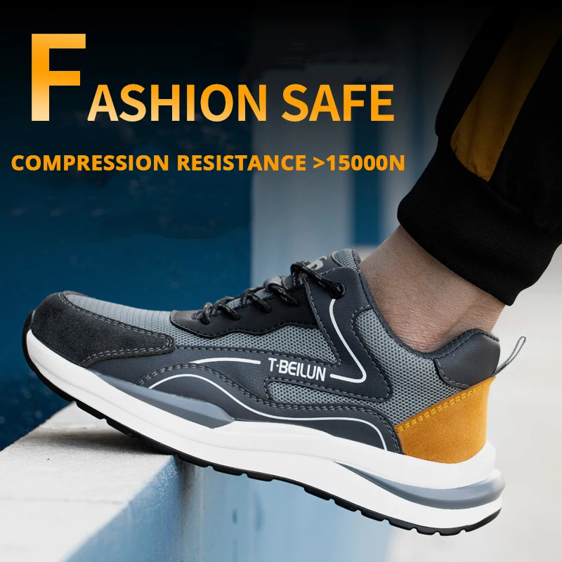 Mens Lightweight Breathable Safety Shoes Wear-resistant Steel Toe Puncture Protection Anti-slip Shoes Work Boots Casual Sneakers