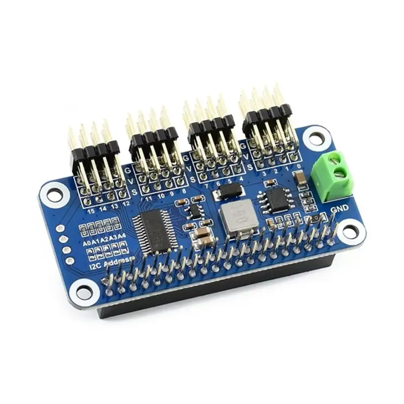 Waveshare 16-Channel 12-Bit Servo Driver HAT (B) For Raspberry Pi, Jetson Nano I2C Interface, Integrated 5V Regulator
