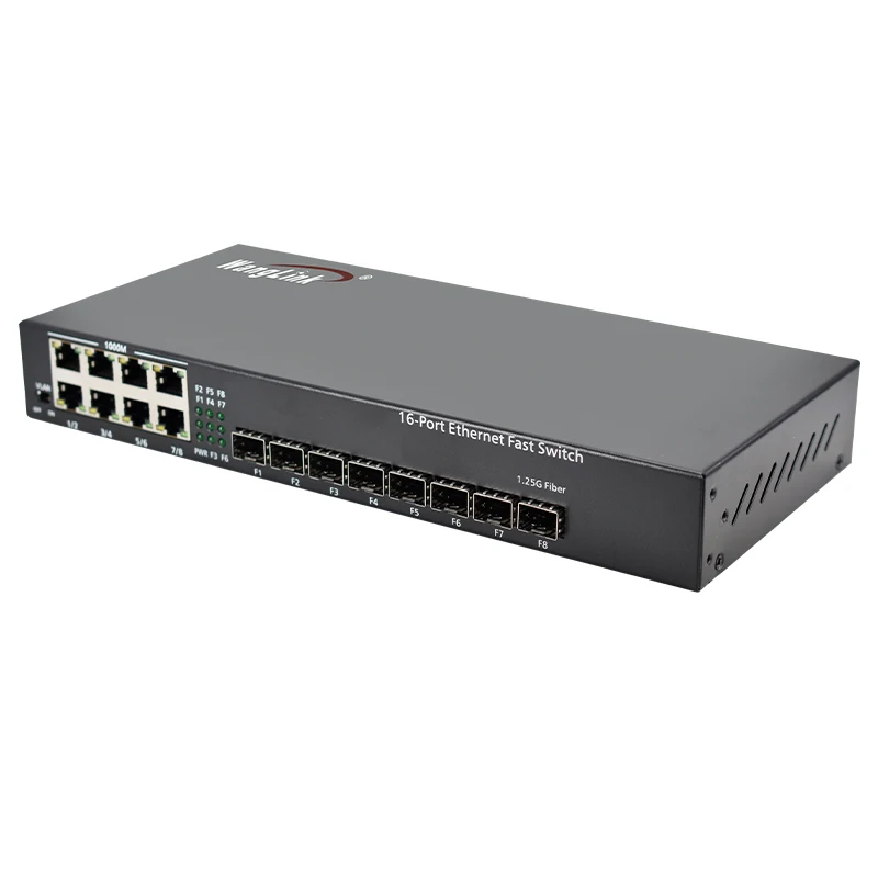 Wanglink Gigabit 8 SFP Fiber Port + 8*10/100/1000Mbps RJ45 Ethernet Port Fiber Switch Media Converter Support Physical Isolation