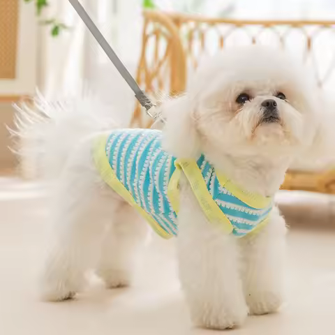 Blue Striped Pet Vest Summer Puppy Clothes Yorkshire Hollow Out T-Shirt Traction T-Shirt Small and Medium Dogs Cool Clothes